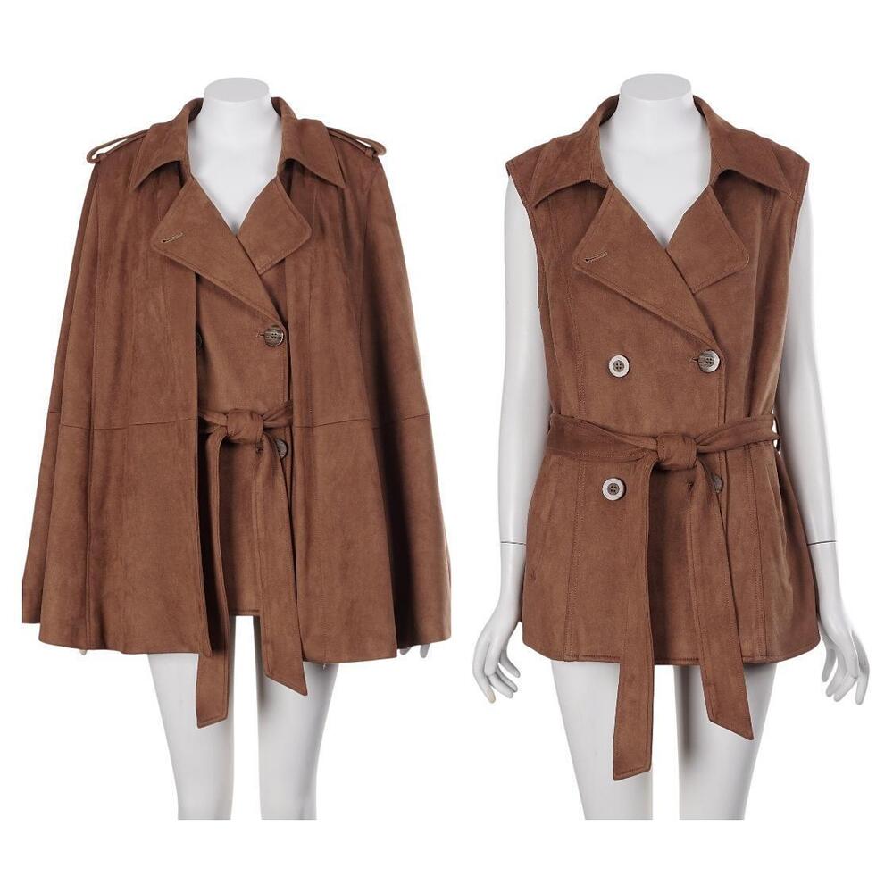 IMAN Vest Cape Jacket Size L Brown Faux Suede Tie Belt 2pc Convertible Set